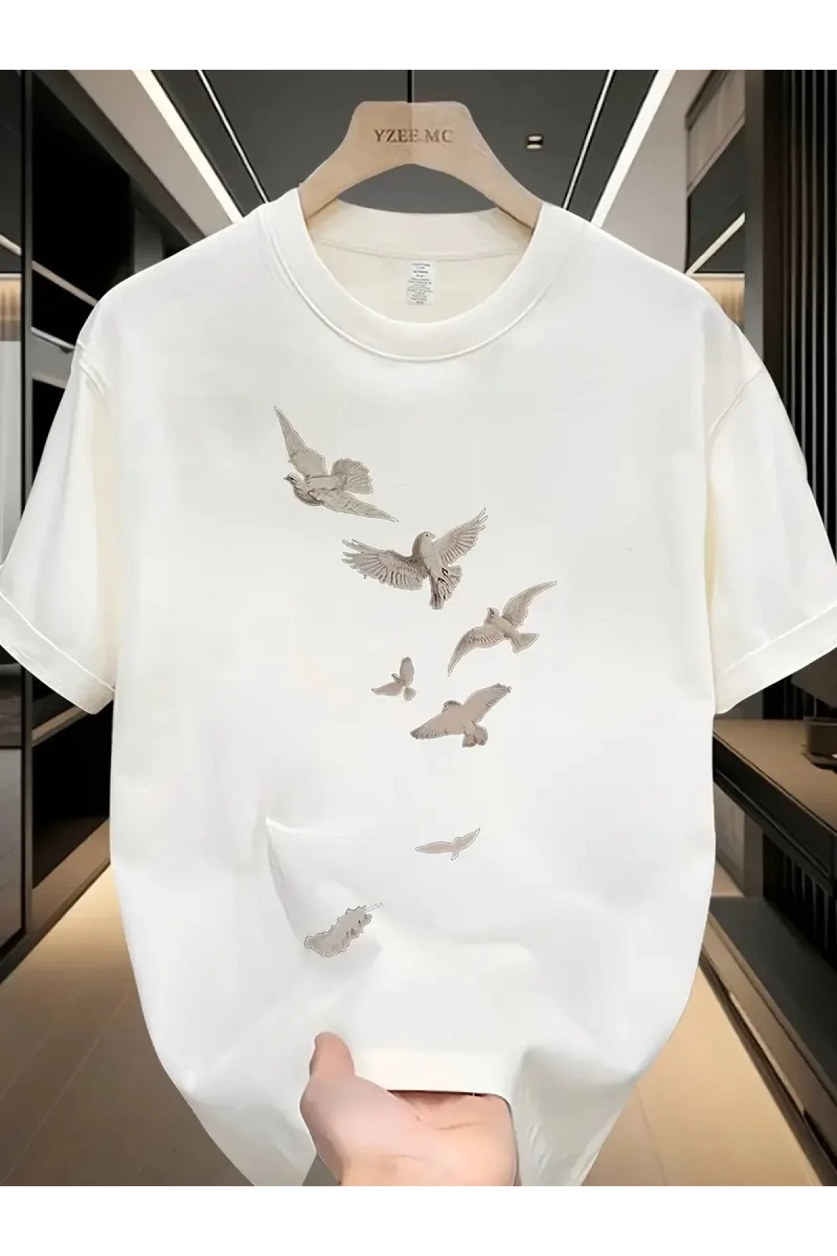 Özgür kuşlar Baskılı Oversize Bisiklet Yaka T-shirt