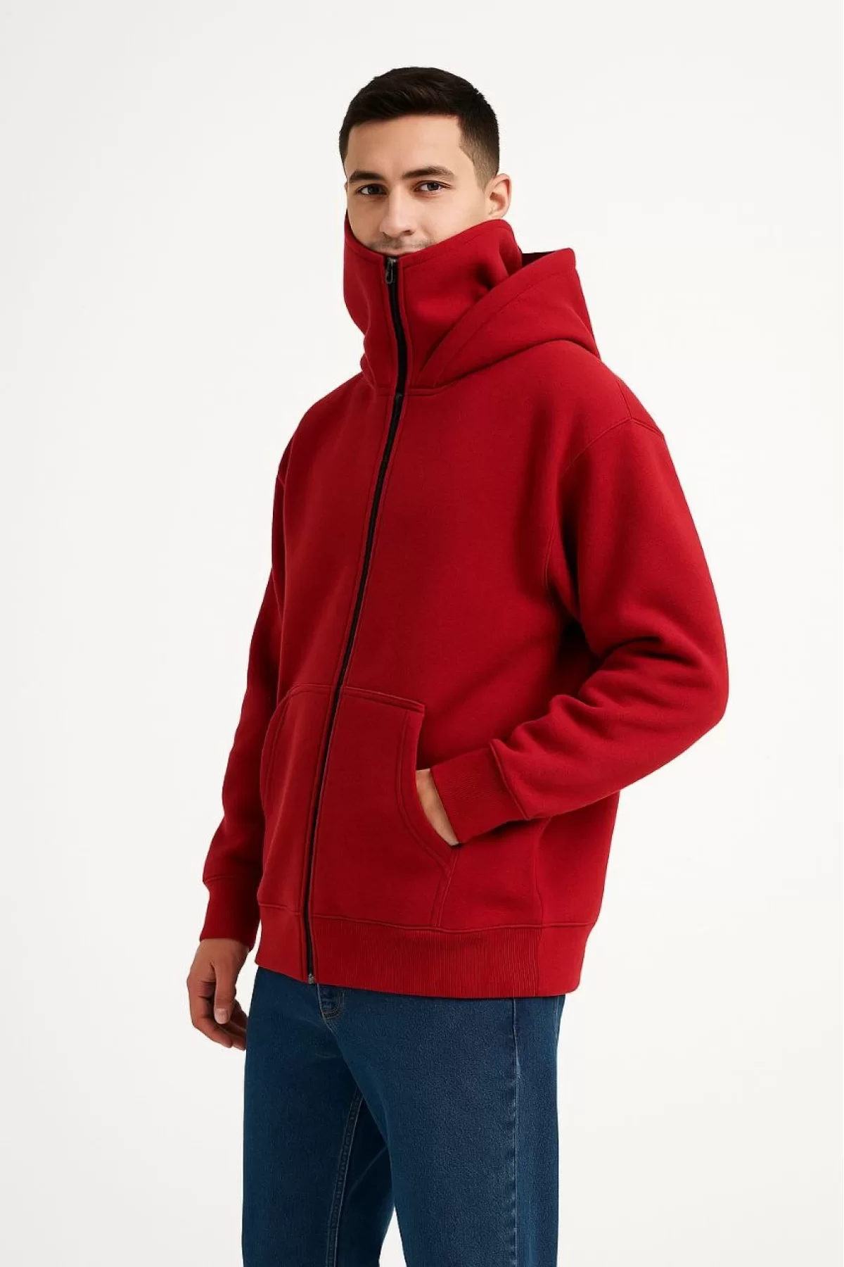 Ninja Stili Çift Kat Kapüşonlu ZIP Hoodie – Kırmızı Oversize Sweatshirt