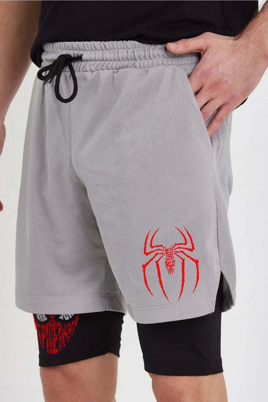 Unisex SpiderMan Baskılı İç Cepli Sporcu Alt Taytlı Şort - Gri
