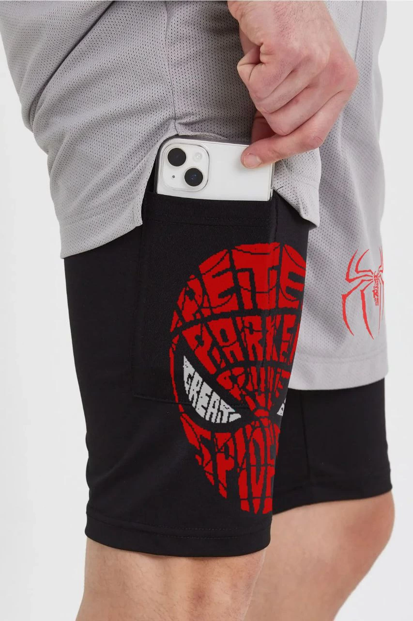 Unisex SpiderMan Baskılı İç Cepli Sporcu Alt Taytlı Şort - Gri