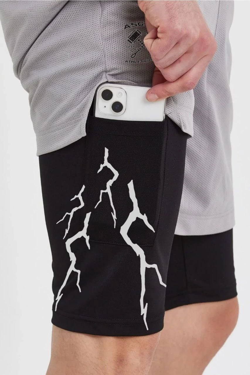 Unisex Thunder Baskılı İç Cepli Sporcu Alt Taytlı Şort - Gri