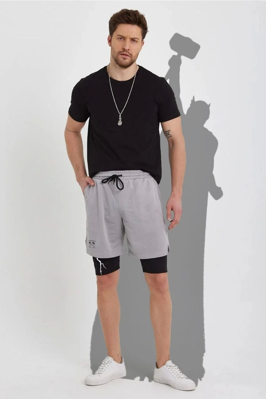 Unisex Thunder Baskılı İç Cepli Sporcu Alt Taytlı Şort - Gri