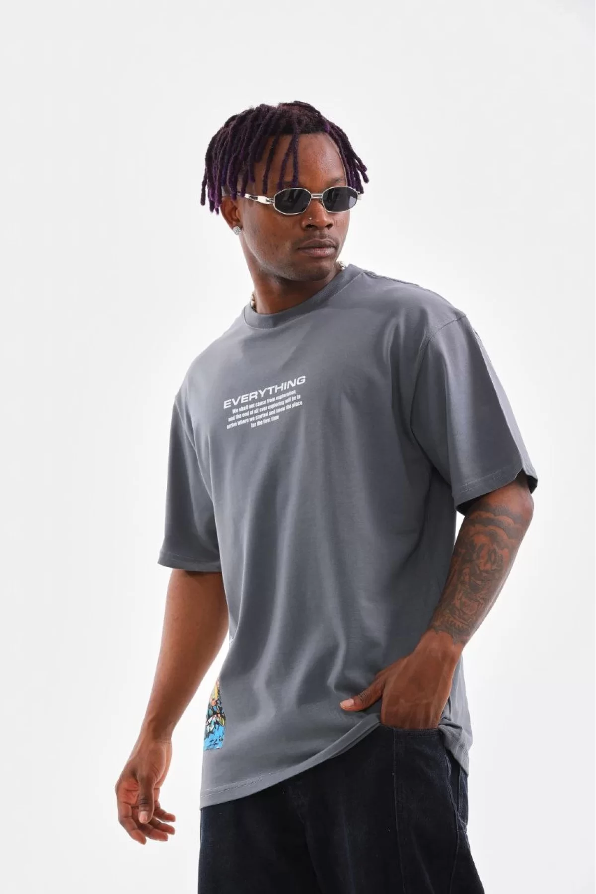Unisex Bisiklet Yaka Baskılı Oversize T-Shirt