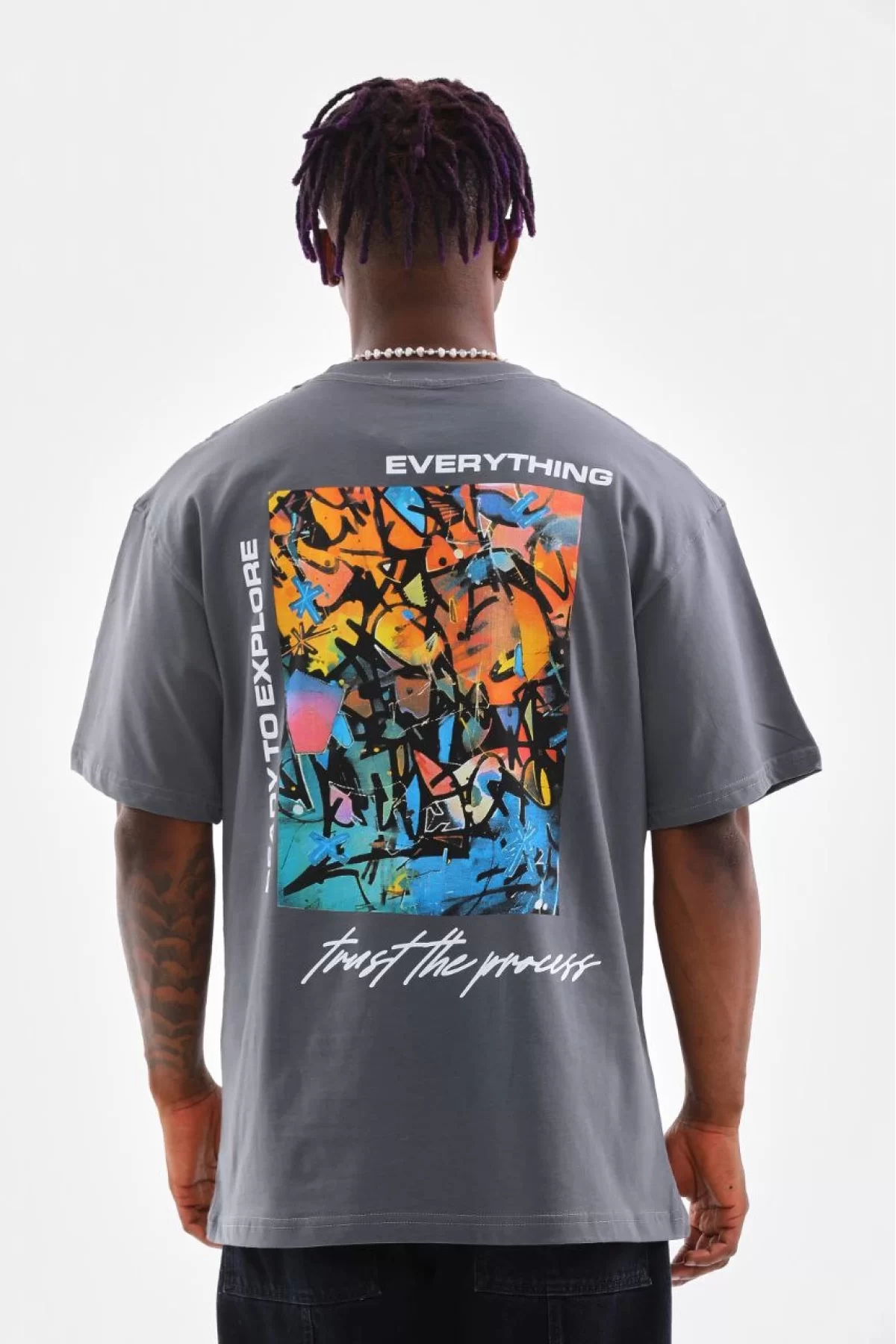 Unisex Bisiklet Yaka Baskılı Oversize T-Shirt