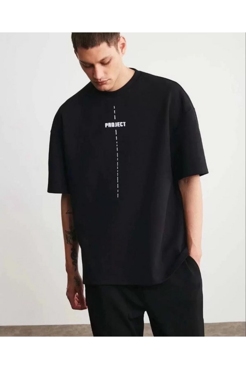 Unisex Bisiklet Yaka Baskılı Oversize T-Shirt