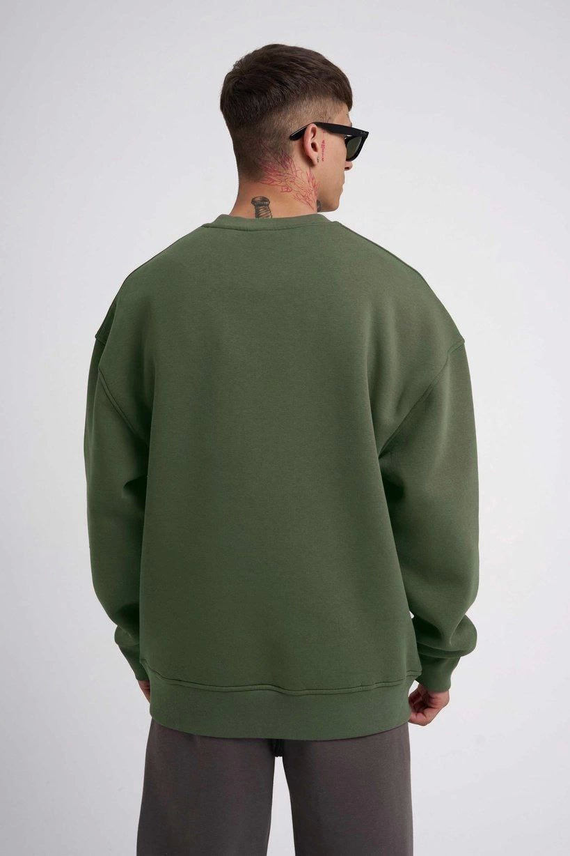 Unisex Biskilet Yaka Üç İplik SweatShirt - Haki