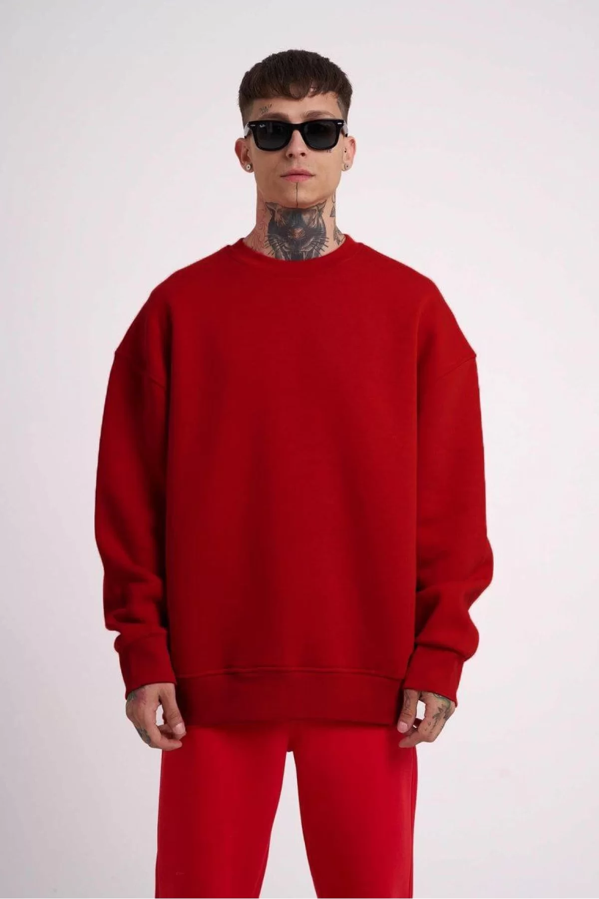 Unisex Biskilet Yaka Üç İplik SweatShirt - Haki