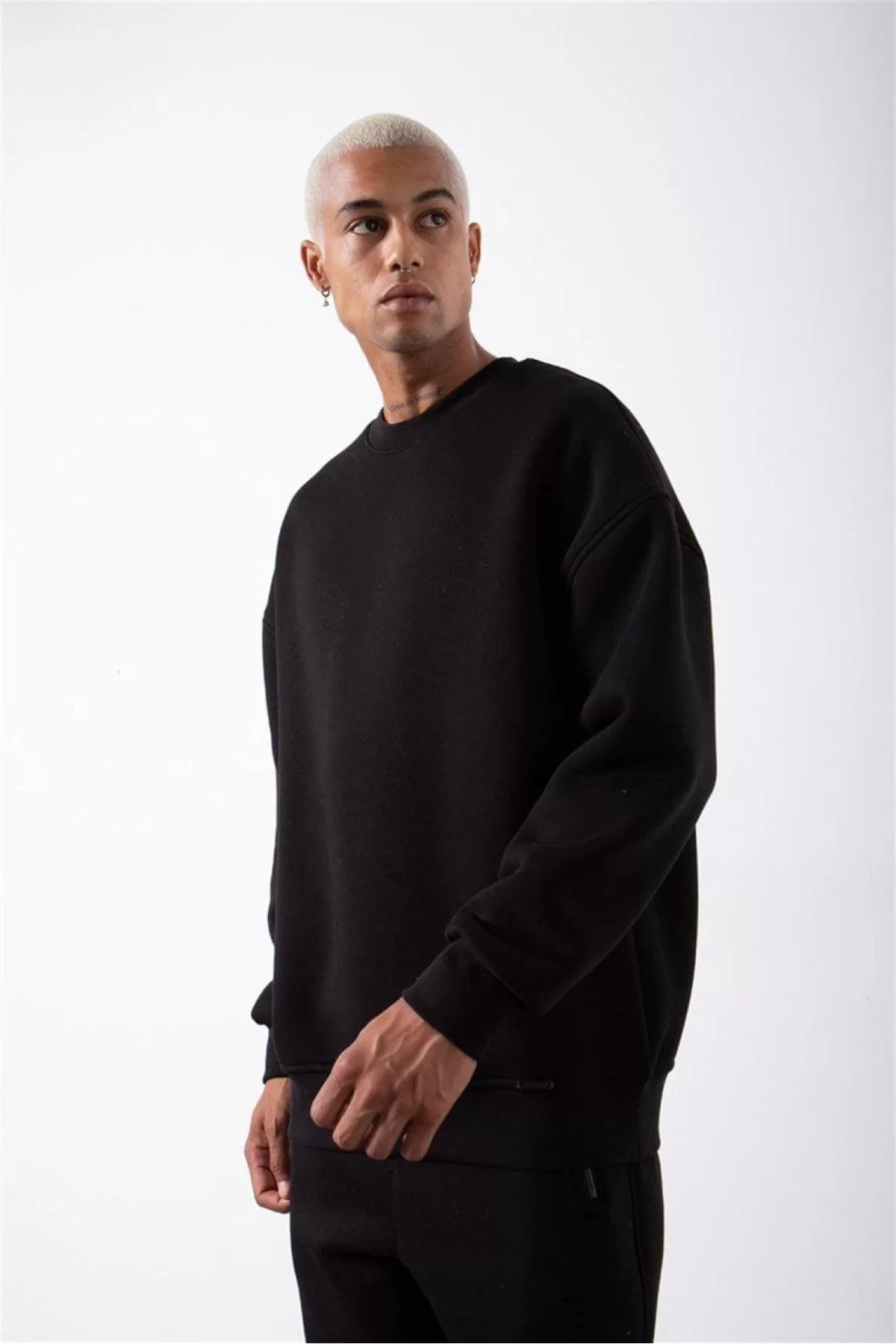 Unisex Biskilet Yaka Üç İplik SweatShirt - Haki