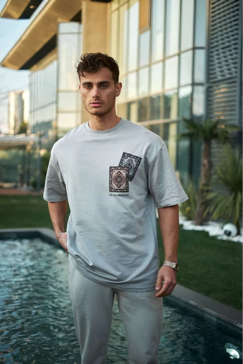 Unisex Bisiklet Yaka Baskılı Oversize T-Shirt