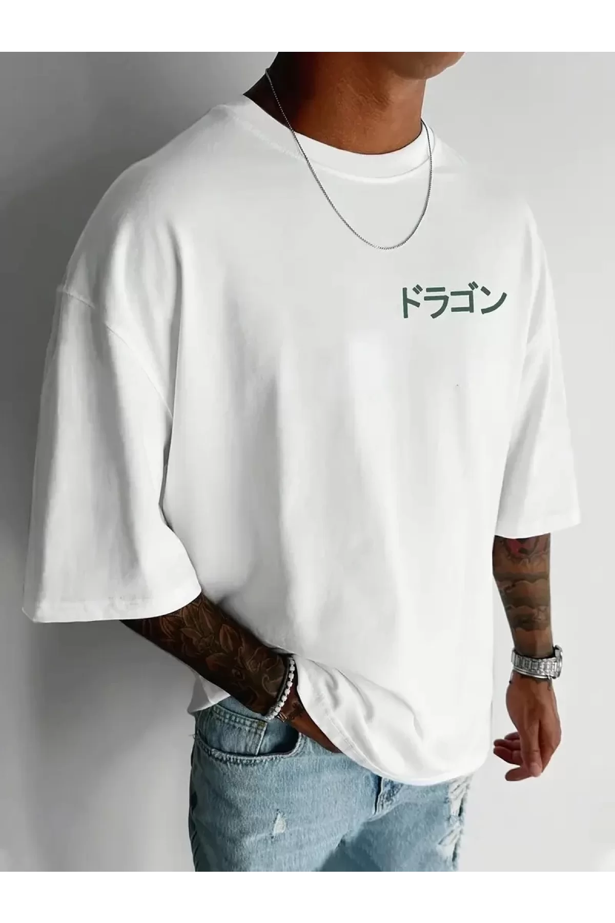 Ejder Baskılı Oversize Bisiklet Yaka T-shirt