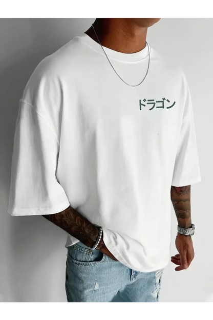 Ejder Baskılı Oversize Bisiklet Yaka T-shirt
