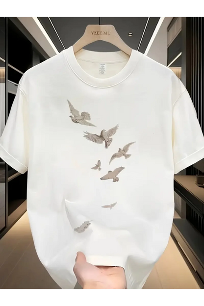 Özgür kuşlar Baskılı Oversize Bisiklet Yaka T-shirt