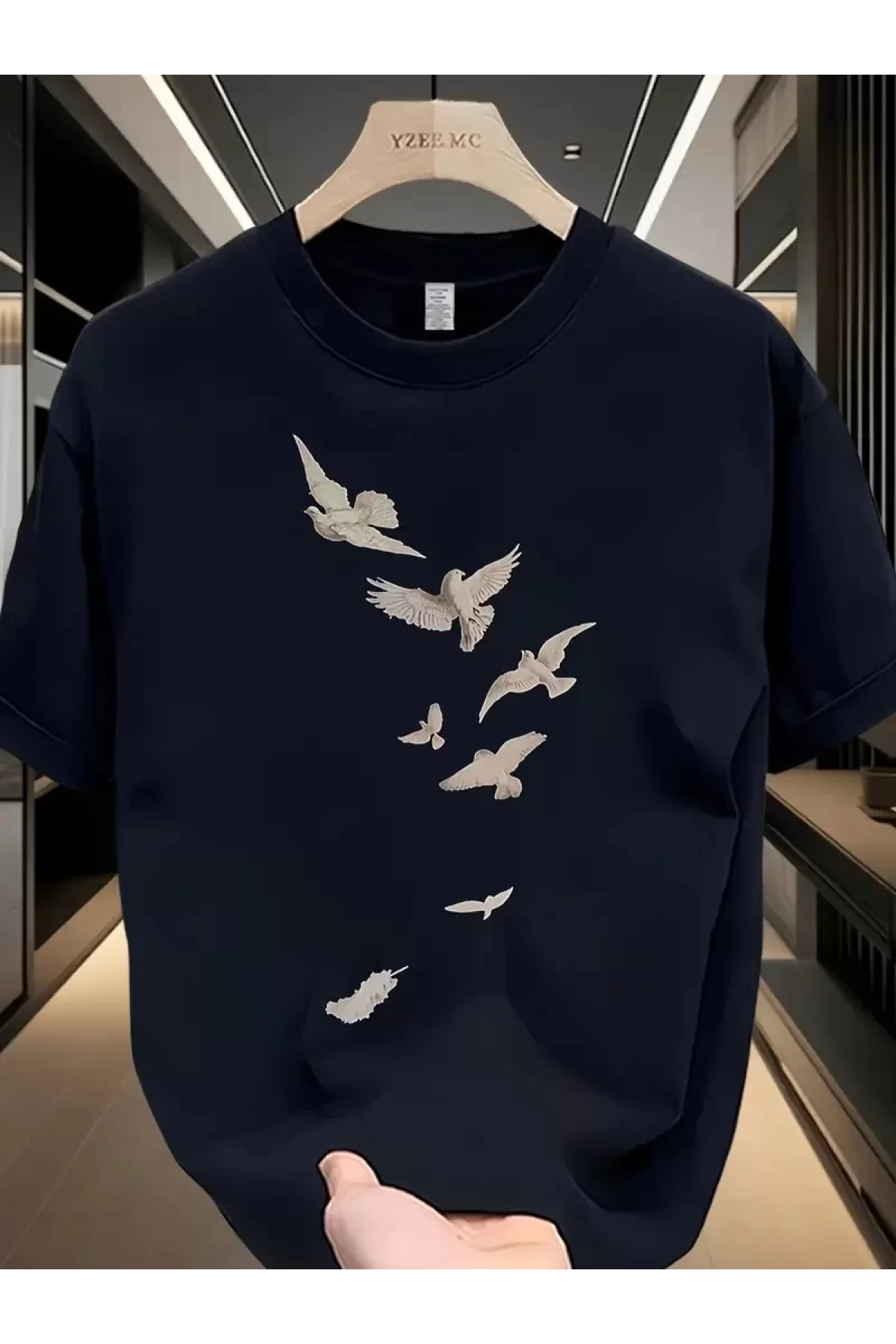 Özgür kuşlar Baskılı Oversize Bisiklet Yaka T-shirt
