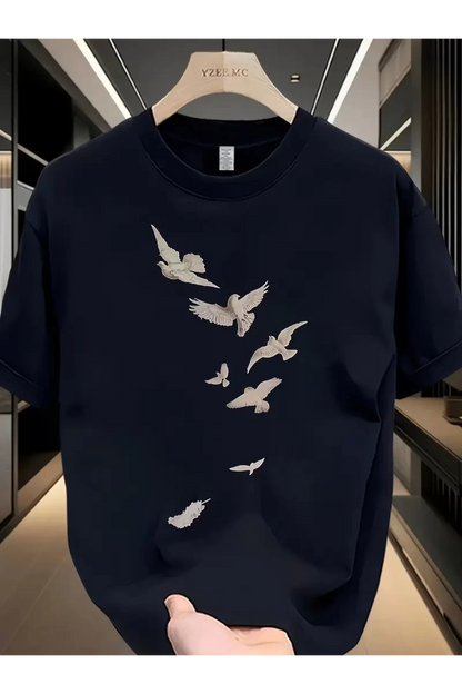 Özgür kuşlar Baskılı Oversize Bisiklet Yaka T-shirt