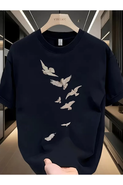 Özgür kuşlar Baskılı Oversize Bisiklet Yaka T-shirt