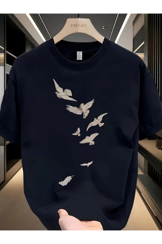 Özgür kuşlar Baskılı Oversize Bisiklet Yaka T-shirt