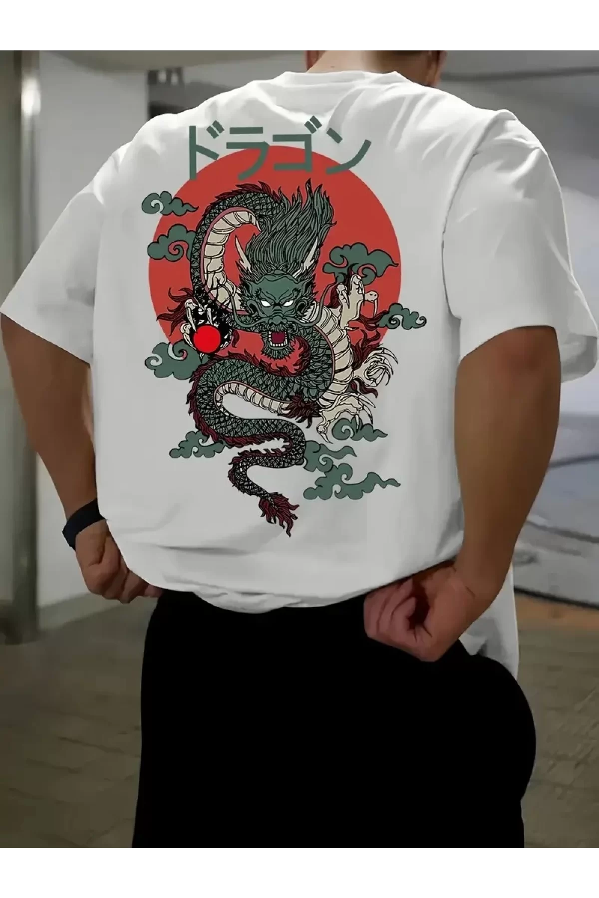 Ejder Baskılı Oversize Bisiklet Yaka T-shirt