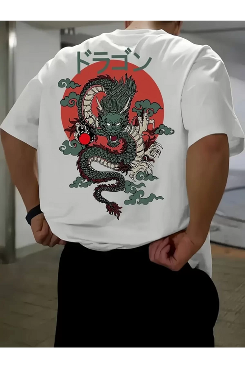Ejder Baskılı Oversize Bisiklet Yaka T-shirt