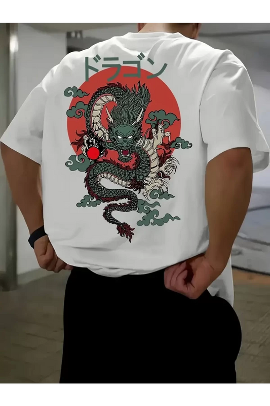 Ejder Baskılı Oversize Bisiklet Yaka T-shirt