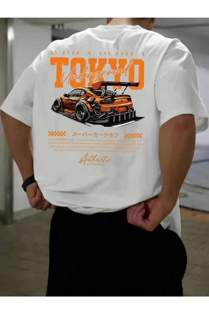 Erkek  Spor Araba Grafik Tişört - TOKYO Baskılı Oversize Yazlık