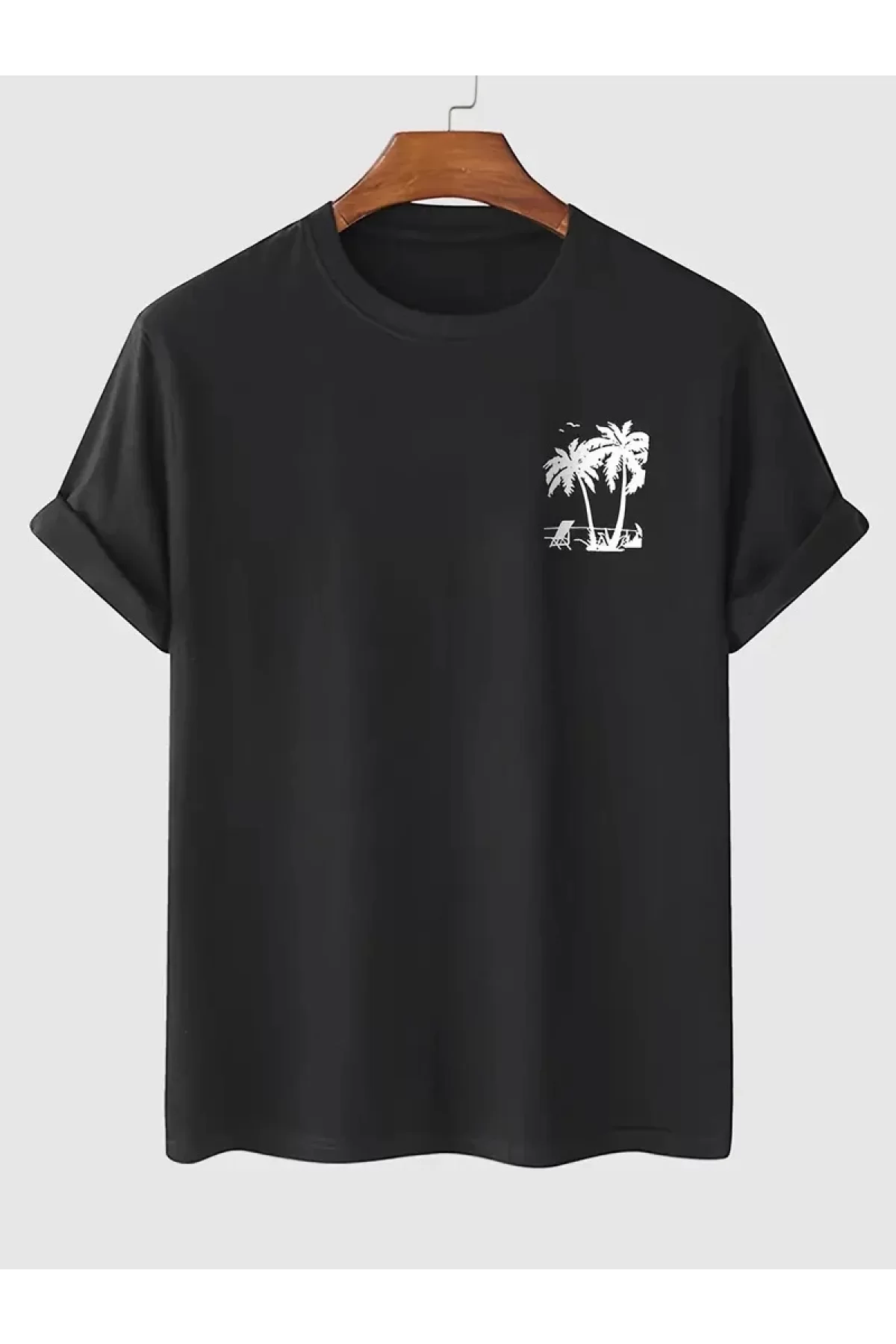 Palmiye Ön Baskılı Oversize Bisiklet Yaka Kısa Kol Yazlık T-shirt