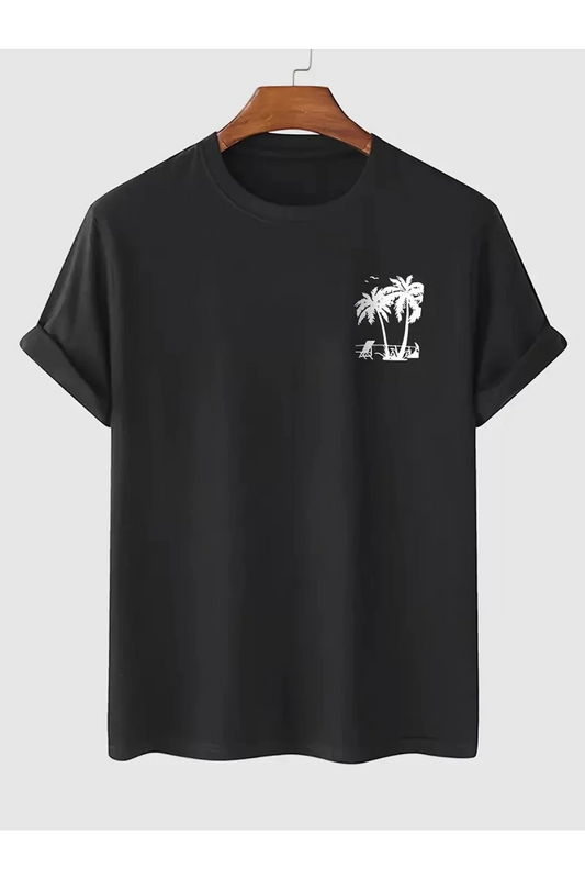 Palmiye Ön Baskılı Oversize Bisiklet Yaka Kısa Kol Yazlık T-shirt