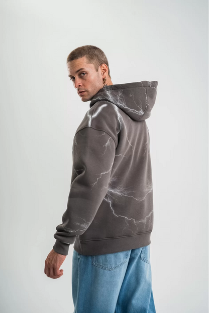 Double Oversize Kapşonlu Şimşek Pano Baskılı SweatShirt - Füme
