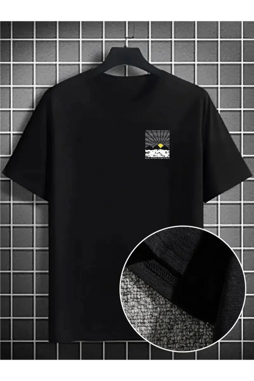 Erkek Dağ Grafikli Tişört, Yaz için Büyük Beden Rahat T-shirt - Siyah