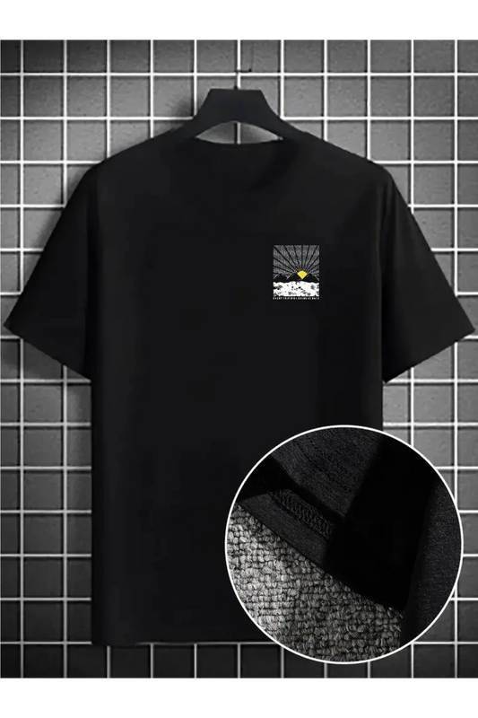 Erkek Dağ Grafikli Tişört, Yaz için Büyük Beden Rahat T-shirt - Siyah