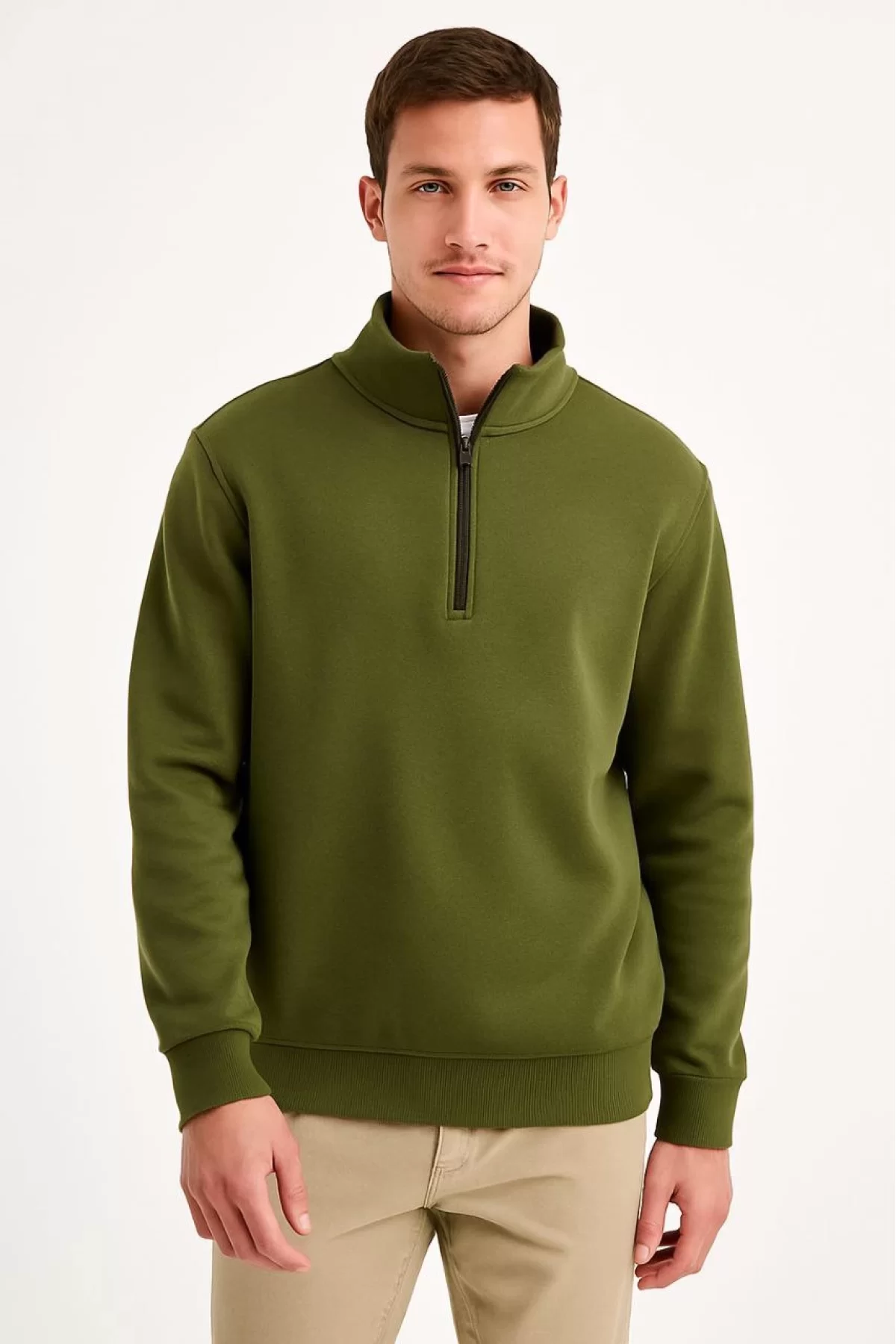 Erkek Dik Yaka Yarım Fermuarlı Ribanalı Sweatshirt