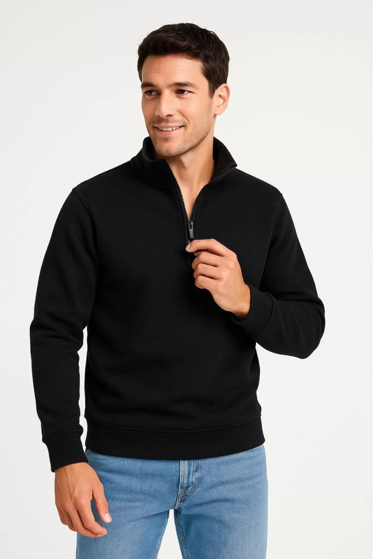 Erkek Dik Yaka Yarım Fermuarlı Ribanalı Sweatshirt