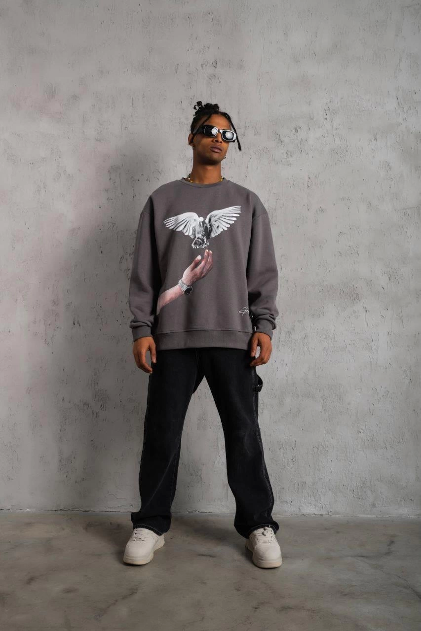 Erkek Güvercin Baskılı Sweatshirt
