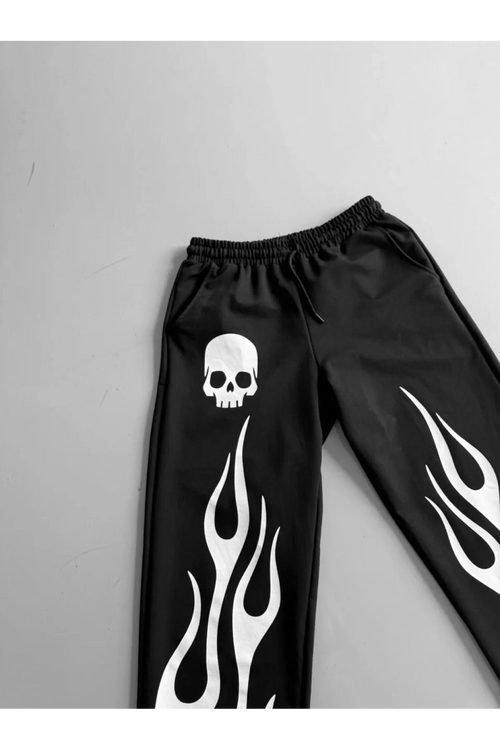 Kumaş Baskılı Beli Lastikli Boru Paça Baggy Alt Esofman