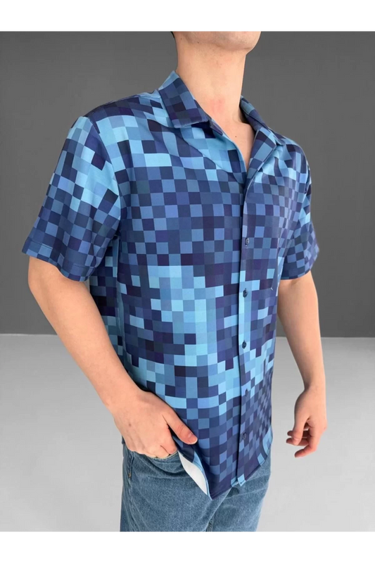 İki İplik Kumaş Baskılı Pixel Gömlek - Mavi