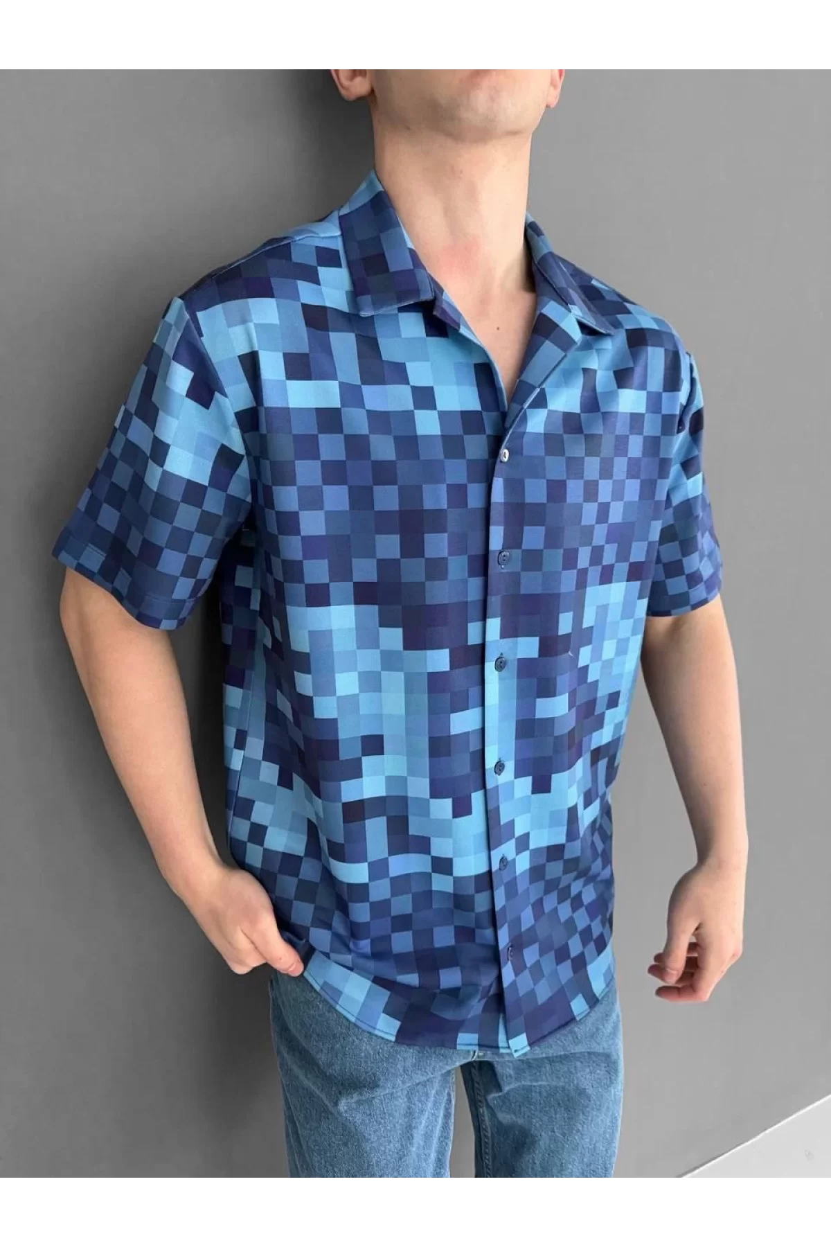 İki İplik Kumaş Baskılı Pixel Gömlek - Mavi