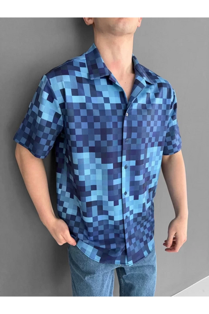 İki İplik Kumaş Baskılı Pixel Gömlek - Mavi