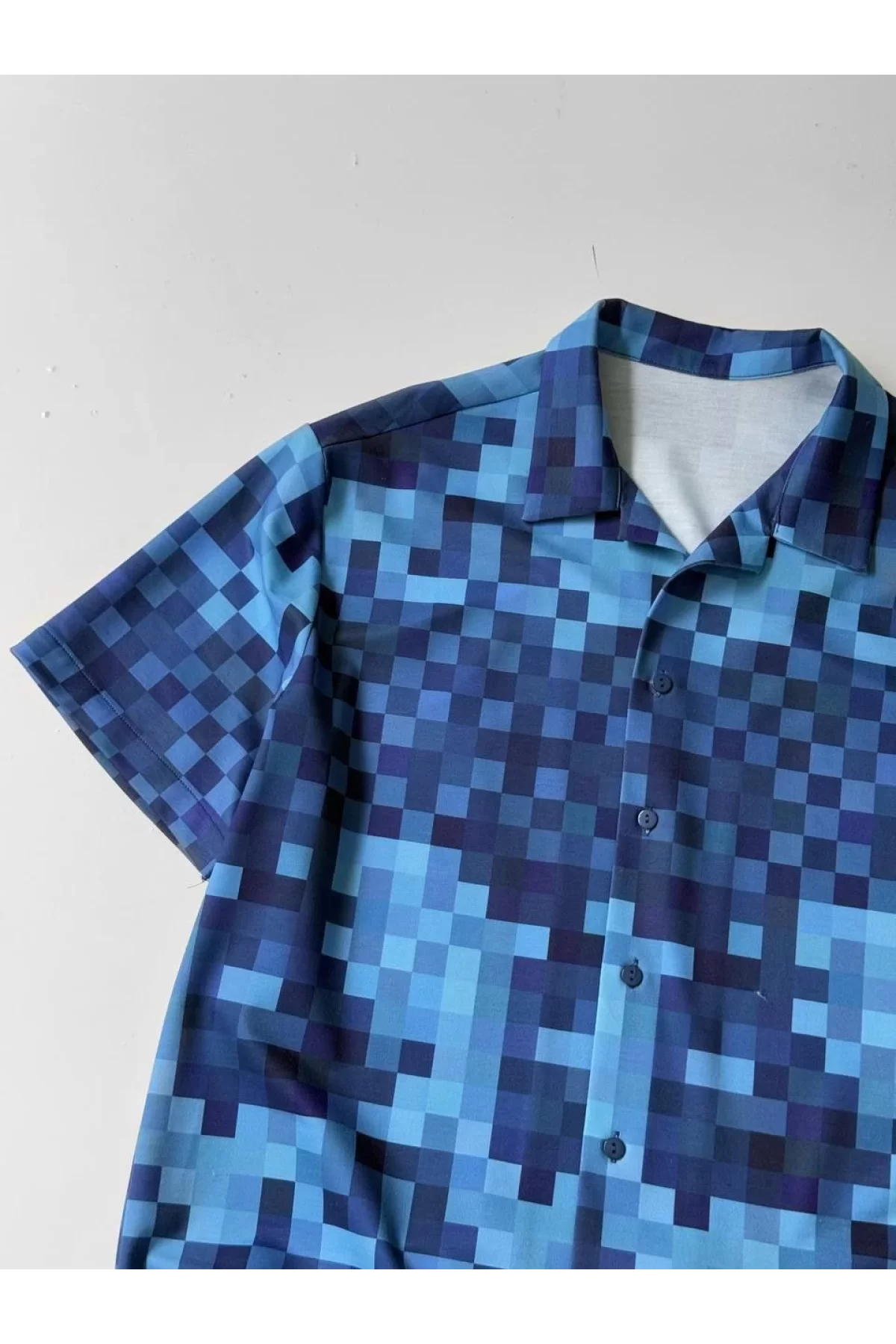 İki İplik Kumaş Baskılı Pixel Gömlek - Mavi