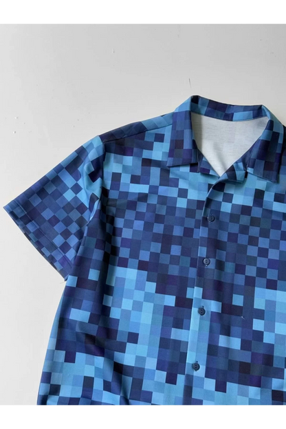 İki İplik Kumaş Baskılı Pixel Gömlek - Mavi