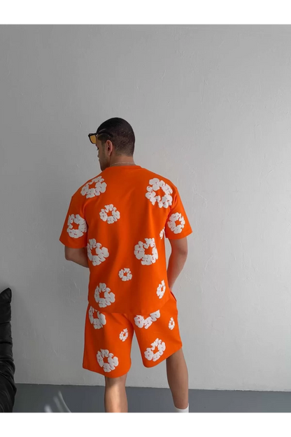 İki İplik Kumaş Baskılı T-shirt Şortlu Takım- Turuncu