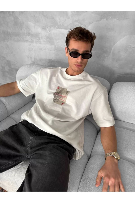 Ön ve Arka Baskılı Oversize Bisiklet Yaka T-shirt - Beyaz