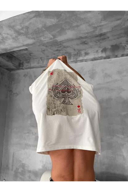 Ön ve Arka Baskılı Oversize Bisiklet Yaka T-shirt - Beyaz