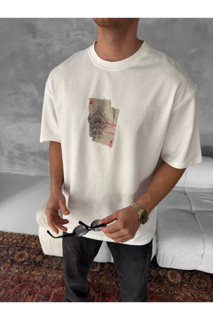 Ön ve Arka Baskılı Oversize Bisiklet Yaka T-shirt - Beyaz