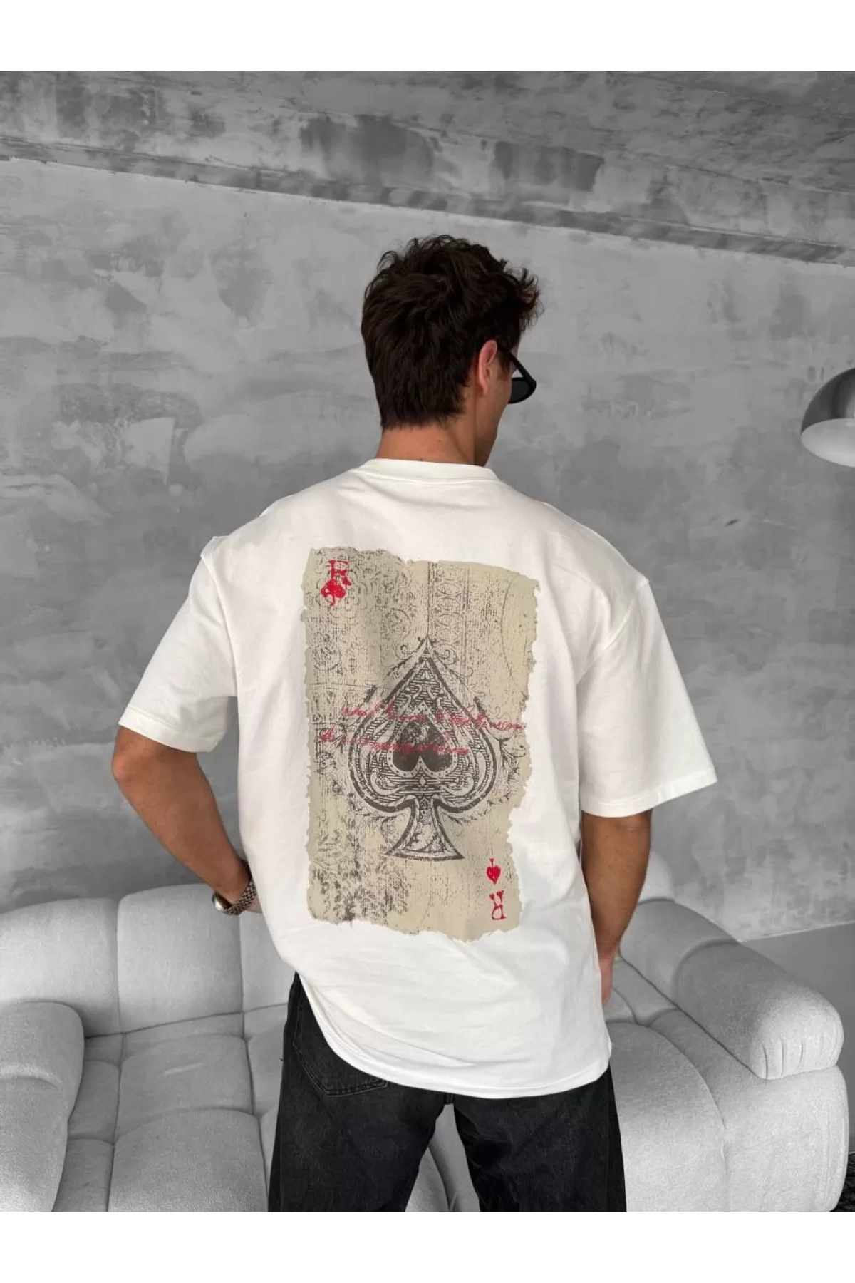 Ön ve Arka Baskılı Oversize Bisiklet Yaka T-shirt - Beyaz