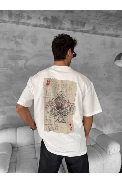 Ön ve Arka Baskılı Oversize Bisiklet Yaka T-shirt - Beyaz