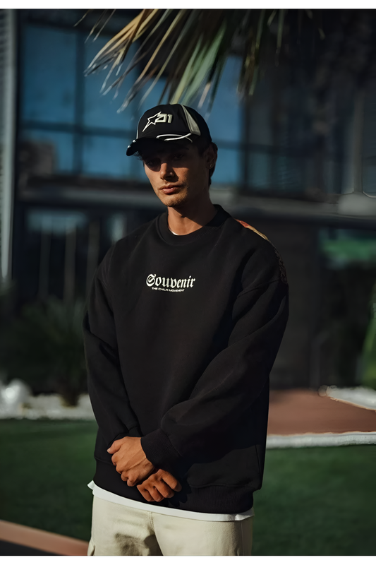 Oversize Bisiklet Yaka Baskılı SweatShirt - Siyah