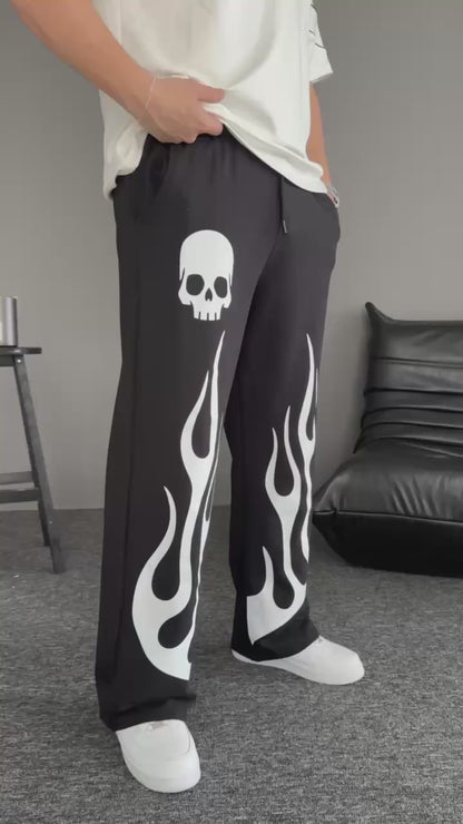 Kumaş Baskılı Beli Lastikli Boru Paça Baggy Alt Esofman
