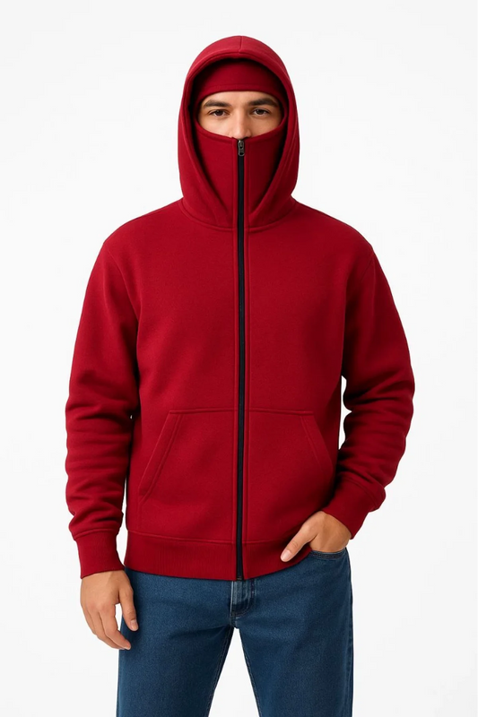 Ninja Stili Çift Kat Kapüşonlu ZIP Hoodie – Kırmızı Oversize Sweatshirt