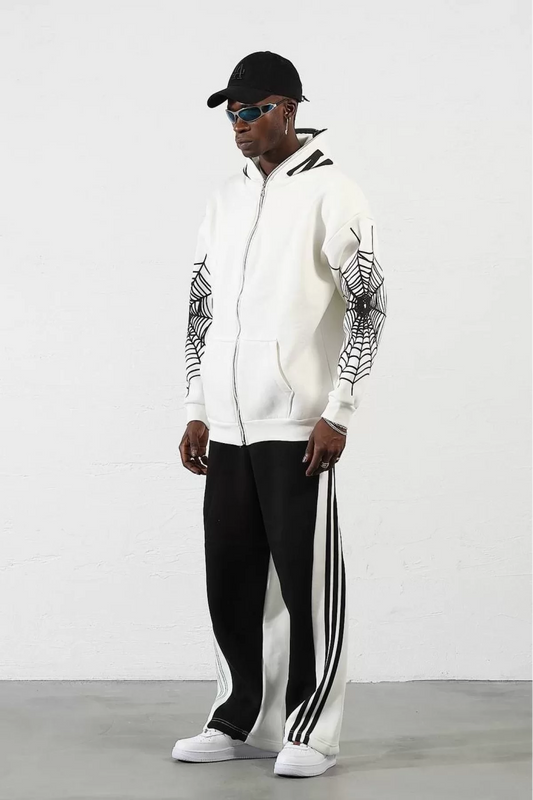 Unisex Zip Fermuarlı Kapüşonlu Sweatshirt - BEYAZ