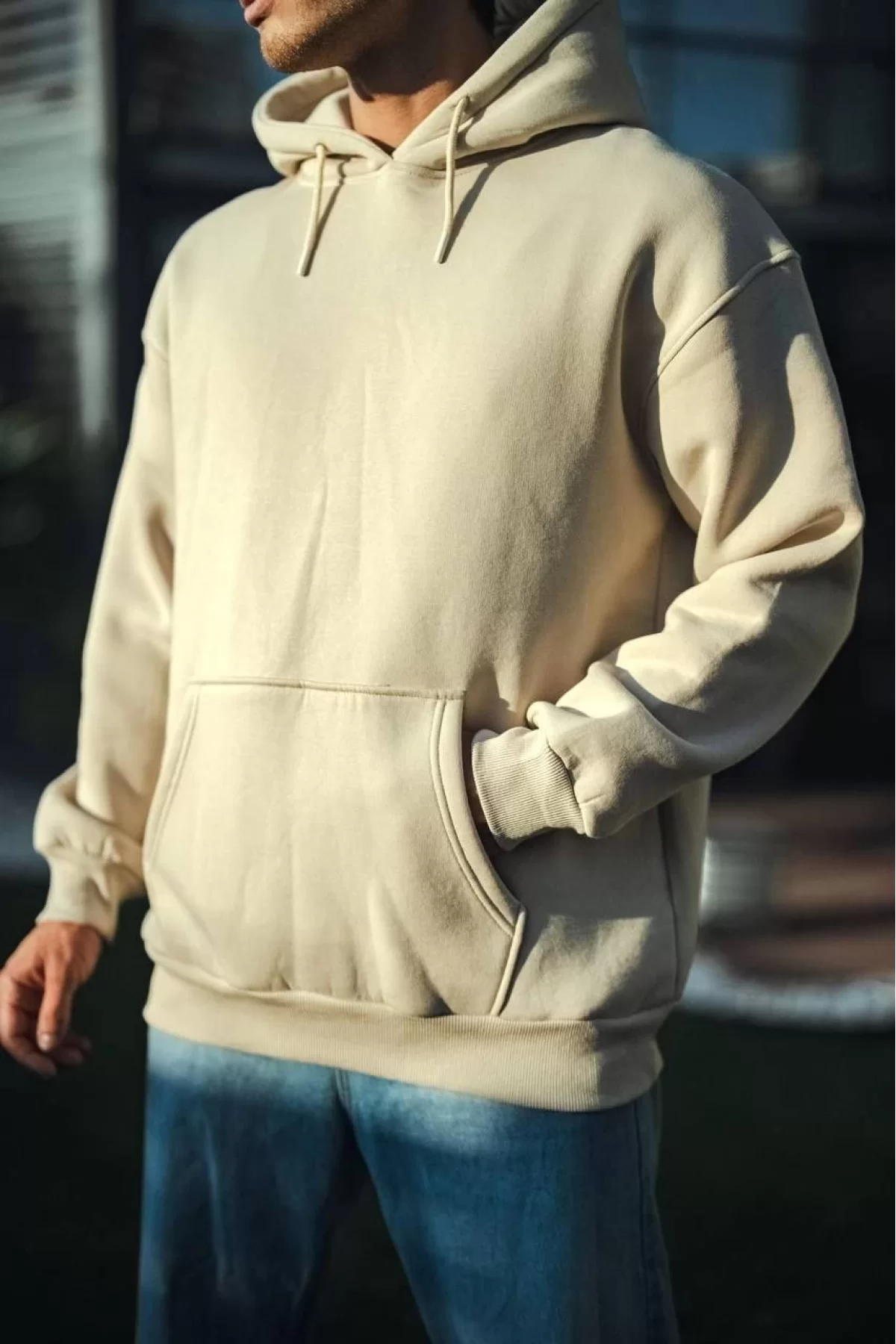 Üç İplik Penye Kapüşonlu Basic SweatShirt - Bej