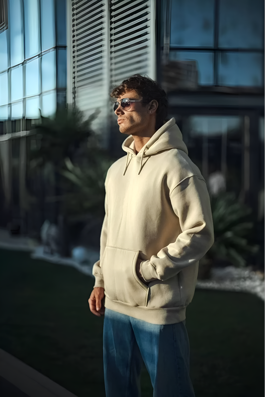Üç İplik Penye Kapüşonlu Basic SweatShirt - Bej